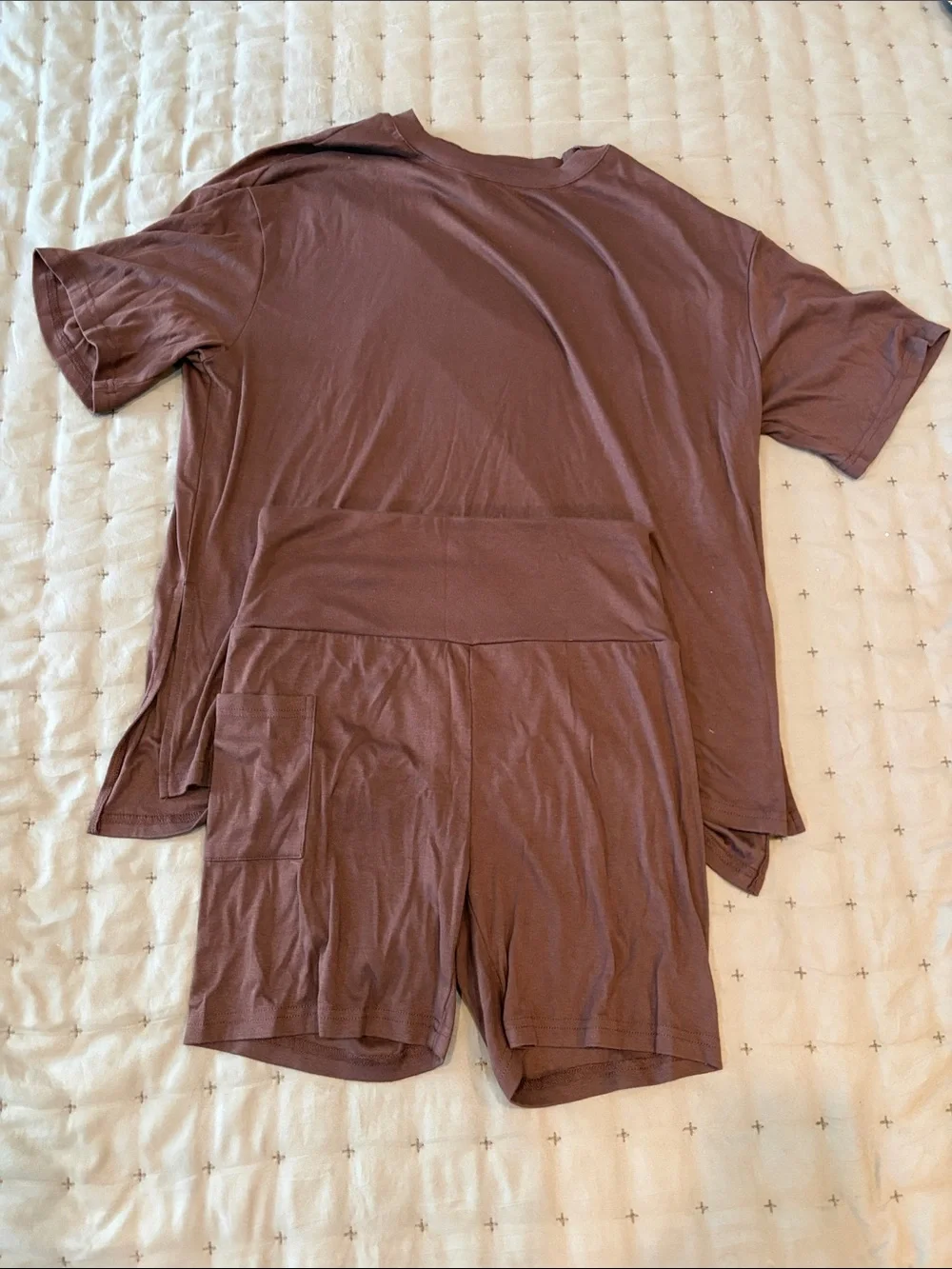 Amazon Women's Short Sleeve Lounge Top and High-Waist Shorts Set in Mauve Brown